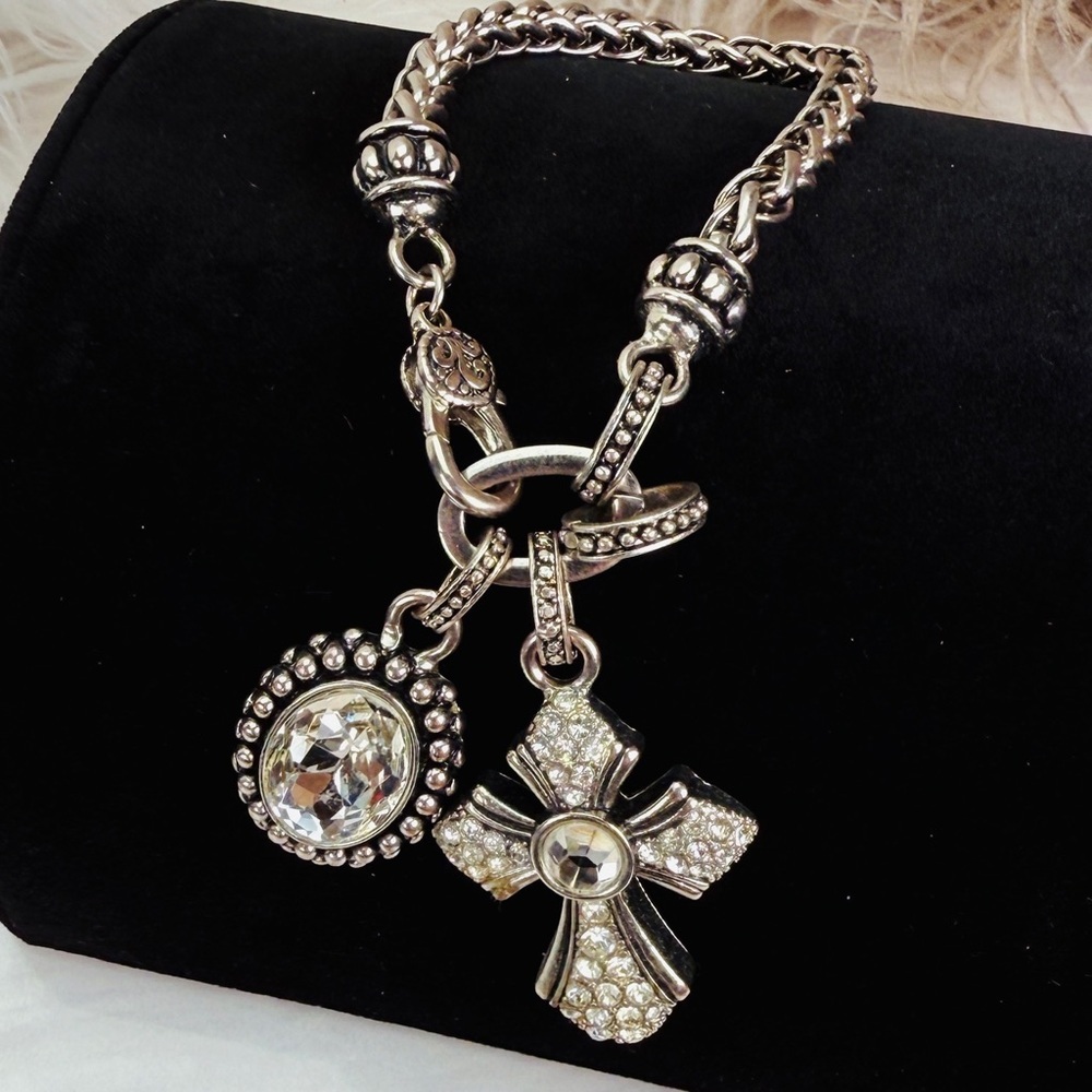 Vintage Silvertone Statement Bracelet Cross Oval Charm Decorative Hook Closure